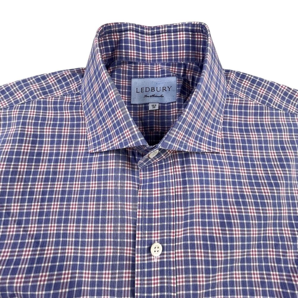 Ledbury Dress Shirt L 16.5 Blue Red Plaid Long Sleeve Button Front Cotton Oxford